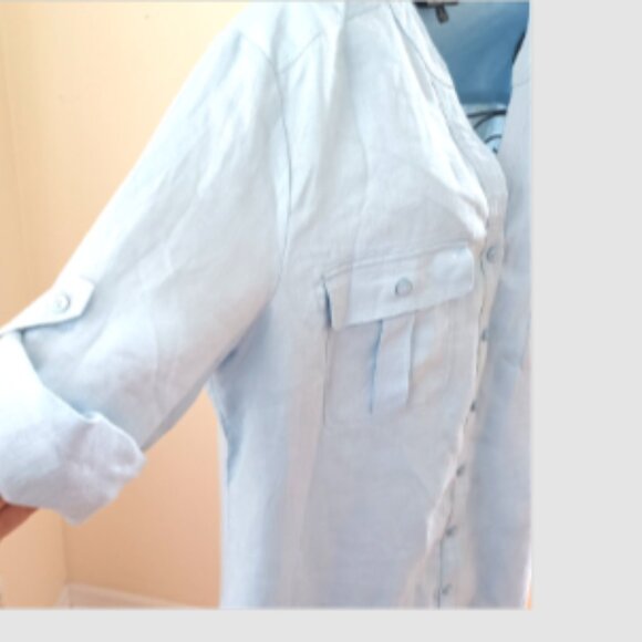 NWOT Nicole Miller Linen Button Up 3/4 Roll Tab Sleeve Top Pockets sz L Sky Blue - Picture 5 of 14